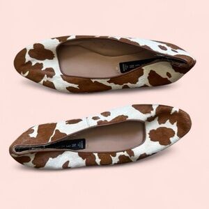 Modern Rust Brown & Ivory white cow print geniune fur ballet mules flats